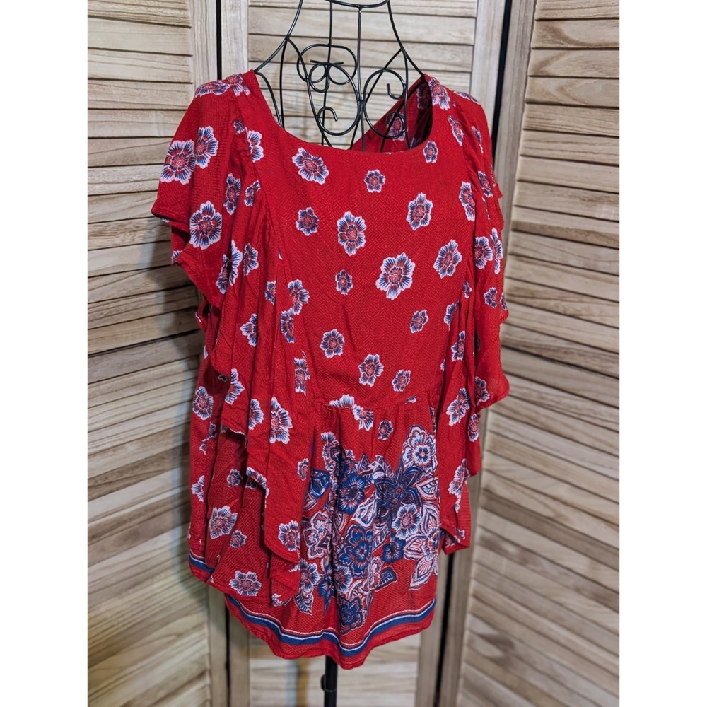 Vintage America Blues Blouse Womens Floral Ruffle Top Sleeveless Red XL